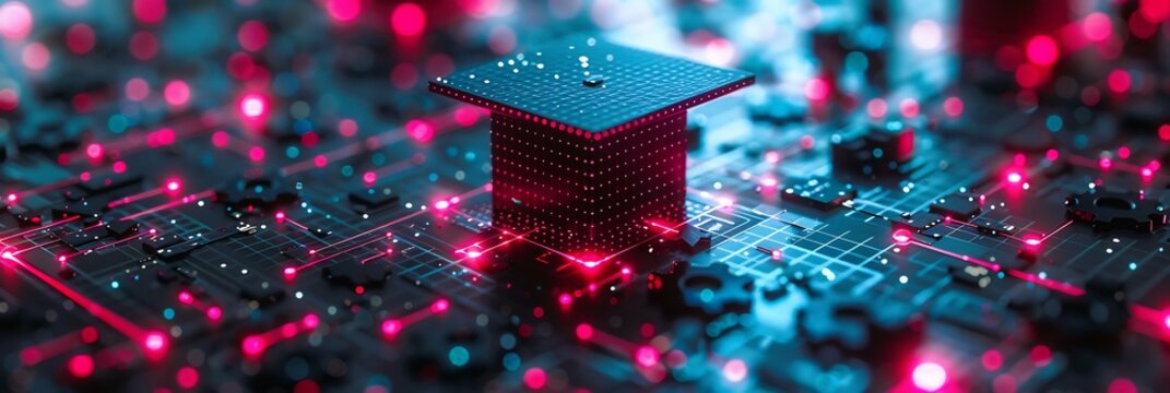 Neon wireframe symbols like gears graduation caps pulse with light in a futuristic design offering a techinspired view of learning and open space for text