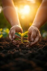 Fototapeta premium Closeup view of hands of gardener working in field planting flowers.