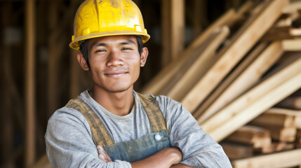 Construction worker wearing hard hat, orange vest, standing confidently with crossed arms near wooden planks at job site