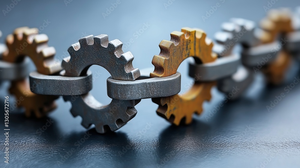 Poster close-up of interconnected metal gears forming a chain, symbolizing teamwork, industrial efficiency,