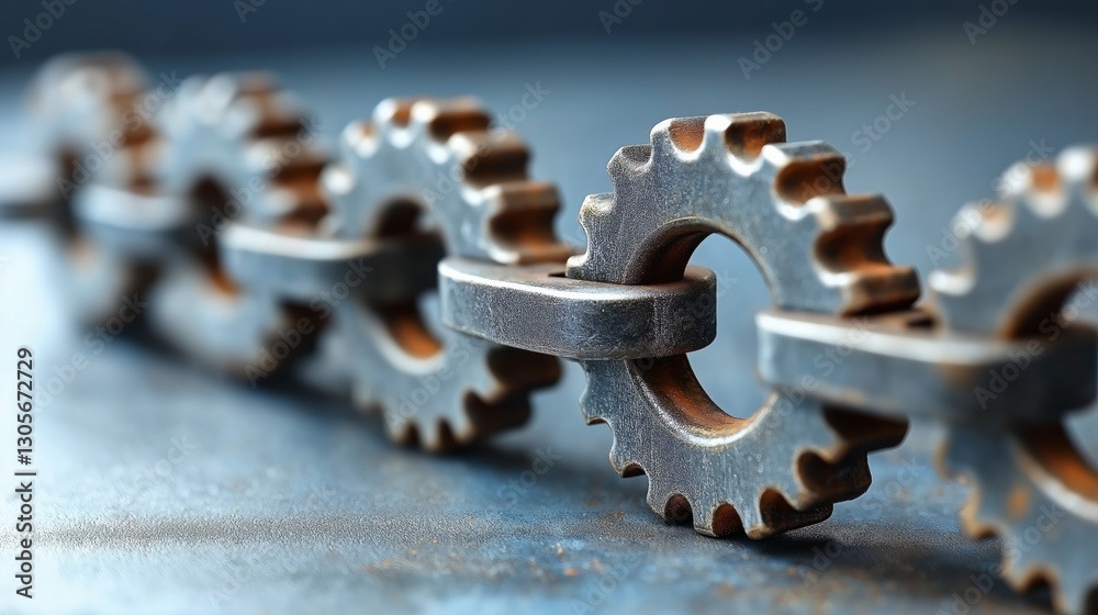Poster close-up of interconnected metal gears forming a chain, symbolizing teamwork, industrial efficiency,