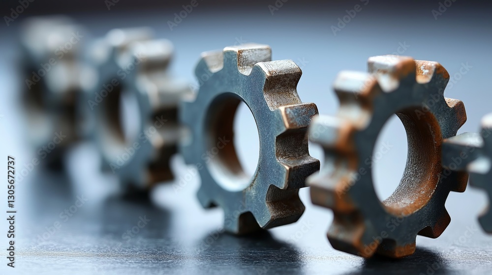Poster close-up of aligned metal gears symbolizing industrial engineering, mechanical precision, and effici