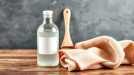 Eco cleaning tools and supplies, bottle with vinegar, wooden brush and reusable dishcloth