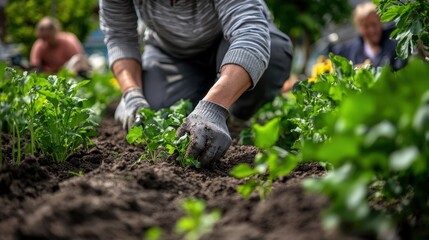 Closeup view of hands of gardener working in field planting flowers.