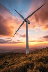 Obraz premium Sustainable Energy Wind Turbine Against Vibrant Sunset Sky with Dynamic Cloud Formation