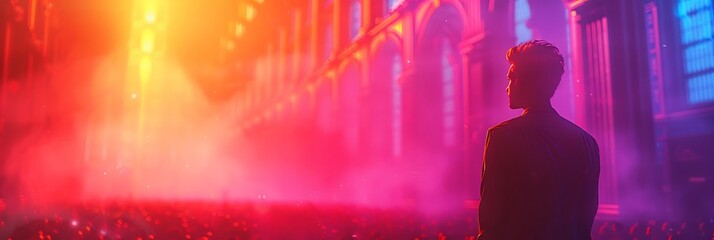 Clean shapes gradients define a modern flat illustration of a lecturer addressing students in a seminar leaving open areas for informative text and messages