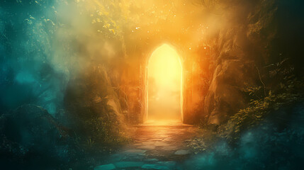 A mysterious cave entrance illuminated by ethereal light. Silence - Monastery. Illustration