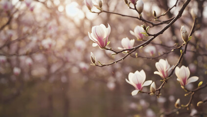 blooming magnolia flowers on the branches of a tree. the front garden. A sunny day