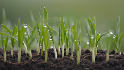 sprouted wheat sprouts in the ground. drops of moisture. blurred background