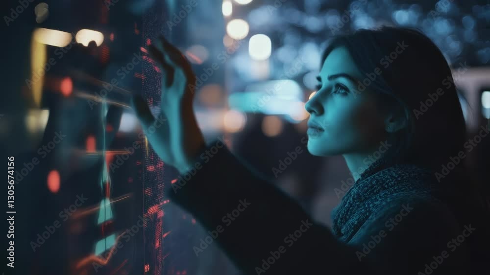 Poster businesswoman is looking at a large interactive screen displaying complex data visualizations in a s