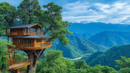 Fototapeta premium Charming rustic treehouse retreat perched in a scenic mountain forest, featuring a cozy wooden cabin with stunning panoramic views of the wilderness, Generative AI