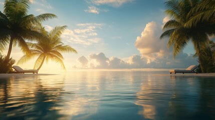 reathtaking sunset over a tropical ocean with palm trees, capturing the beauty of nature, relaxation, and an exotic vacation getaway, Generative AI