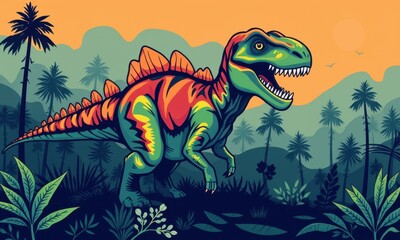 Colorful Dinosaur Dinosaur Roams Lush Prehistoric Jungle with Tall Palm Trees and Bright Orange Sunset in Background Creating Vibrant Illustration