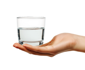 Hand holding water glass home close-up. Isolated on transparent background, png.