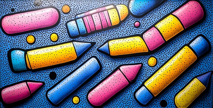 Pencils rulers books scatter energetically in a playful popart design using bold colors and thick outlines to evoke excitement with space for text overlays