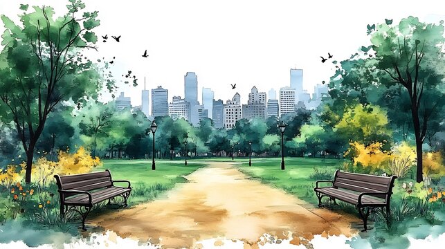 Benches green spaces in soft pastel tones create a peaceful university campus scene offering a calm and reflective environment with room for text