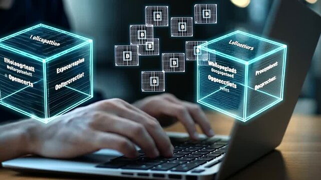 2_A programmer typing on a laptop with holographic blockchain nodes