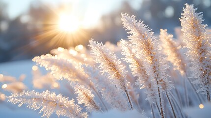 Naklejka premium Winter sunrise frosty grass, snow field, beautiful background, nature, stock image