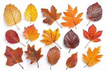Vibrant Fall Foliage Collection Featuring Maple Oak and Birch Leaves in Peak Autumn Colors Arranged on Clean White Background Perfect for Seasonal Design Projects