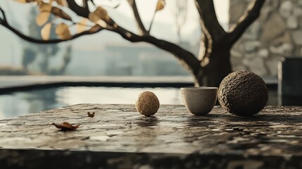 Serene outdoor setting with teacup, stones, and autumn leaves on a textured table near a pool.