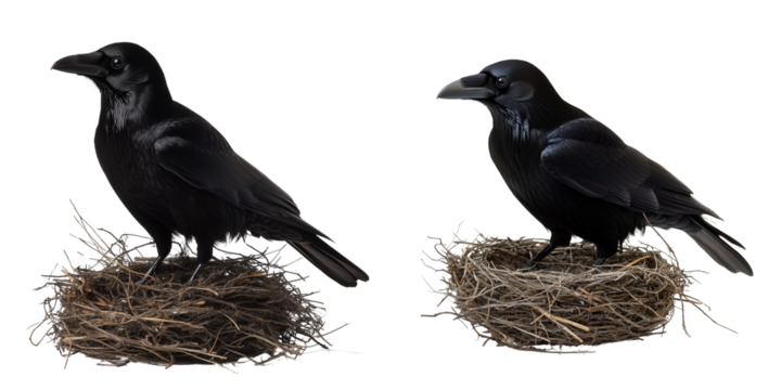 Majestic Black Ravens Perched on Nests Isolated on Transparent Background

