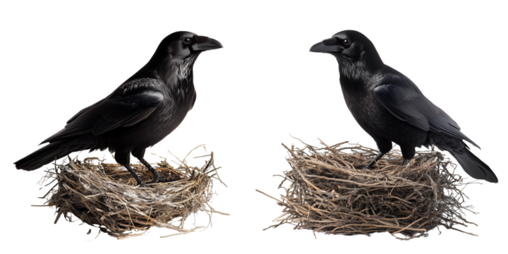 Majestic Black Ravens Perched on Nests Isolated on Transparent Background

