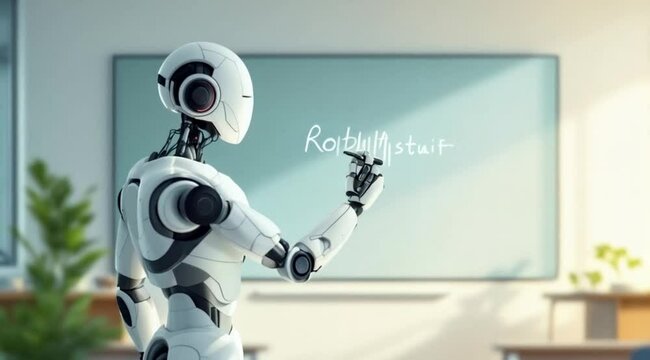 Robot teaching on whiteboard in classroom. Possible use Educational technology stock image