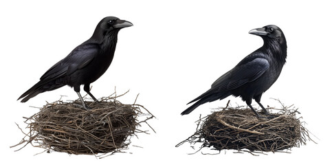 Fototapeta premium Majestic Black Ravens Perched on Nests Isolated on Transparent Background