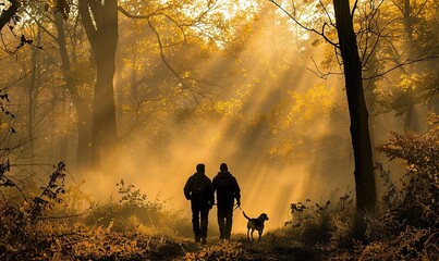 On a misty morning at the forest's edge, hunters with their loyal dogs, armed with hunting gear, stand under the golden rays of autumn, their eyes fixed on their goal