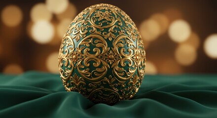 Fototapeta premium Ornate golden egg on green velvet with bokeh lights in the background