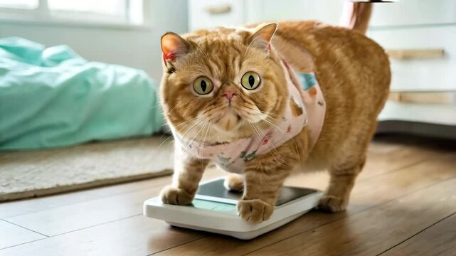 A chubby ginger cat stands on a digital scale with wide-open eyes, looking shocked at its weight. This humorous moment highlights the struggles of pet obesity and overeating.