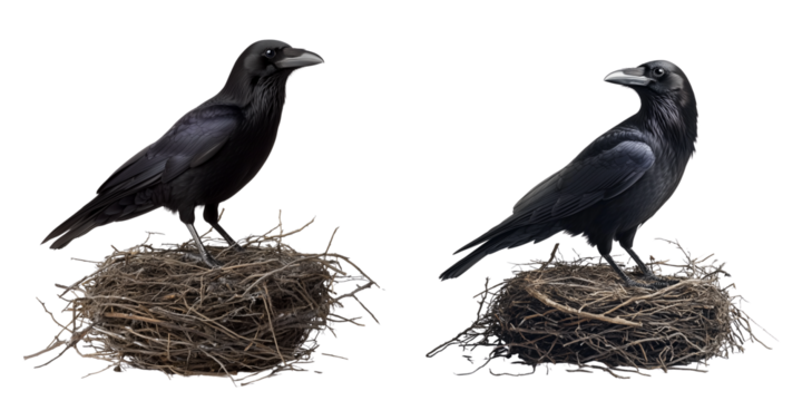 Majestic Black Ravens Perched on Nests Isolated on Transparent Background

