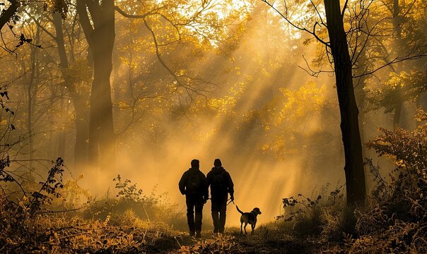 On a misty morning at the forest's edge, hunters with their loyal dogs, armed with hunting gear, stand under the golden rays of autumn, their eyes fixed on their goal