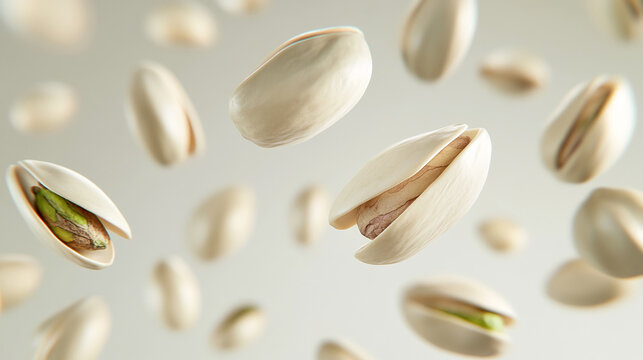 Close-up of multiple pistachios in mid-air, showcasing creamy-white shells and green kernels, creating a dynamic and appetizing food image ideal for culinary or product advertisements