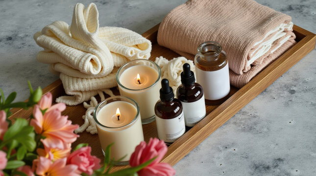 Cosmetics and spa essentials arranged on a wooden tray with candles and flowers for a relaxing home experience