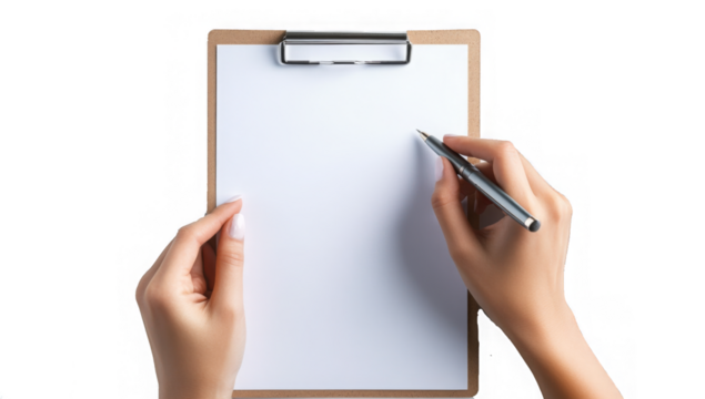 A person holding a blank clipboard with a pen, ready to take notes or jot down ideas. This image conveys organization and productivity in the workplace.