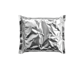 Blank Silver Metallic Foil Snack Package with Wrinkled Surface and Sealed Edges for Product Mockup Design Isolated on Transparent and White Background