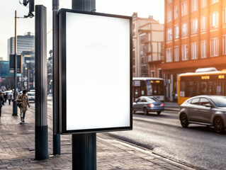 Blank city billboard illuminating busy street at sunset with blurred traffic