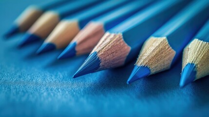 Close-up of neatly arranged, sharpened blue pencils.