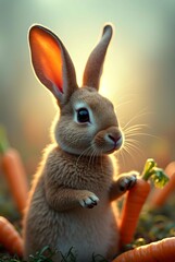 Obraz premium A fluffy white rabbit clutches a carrot amidst a scattering of carrots on a soft, blurred background, embodying innocence and nature's bounty