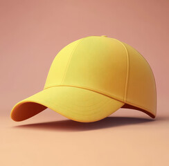 Fototapeta premium Yellow baseball cap floating on a pastel orange background