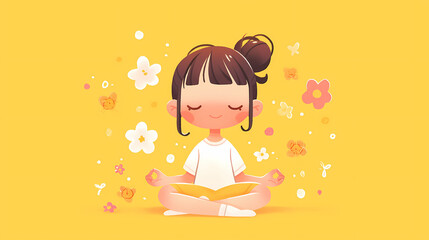 Young girl meditating peacefully surrounded by colorful flowers on a bright yellow background