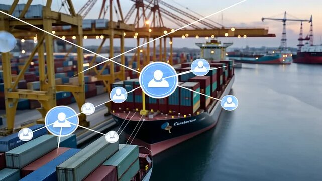 A cargo ship at a port with blockchain ledger data in the air