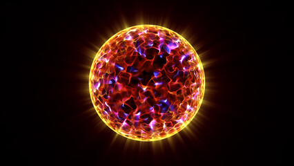 Hot planet. Burning sphere. Energy ball. Burning 3D fireball orb effect on black background. swirling flames and plasma within sphere. Magical or Mystical visual special effect. 3D render. 4K 