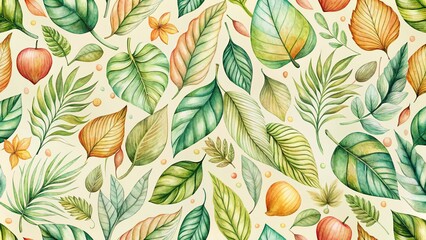 Vintage Watercolor Leaf Pattern for Cute Food Pairing Design - Stock Photo