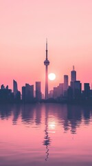 Obraz premium A beautiful sunset over a city skyline and its reflections