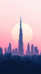 Fototapeta premium A large skyscraper dominates a city landscape with pink sunset hues