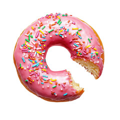 pink doughnut with colorful sprinkles and a bite mark, isolated on a white background