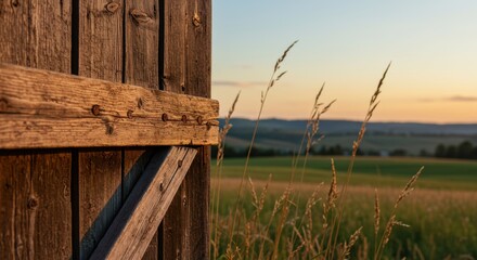 Vintage wooden barn door overlooking tranquil countryside at sunset
