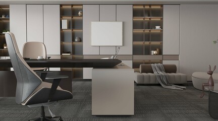 modern masculine home office room with contemporary furniture and a mockup poster framed. 3d illustration